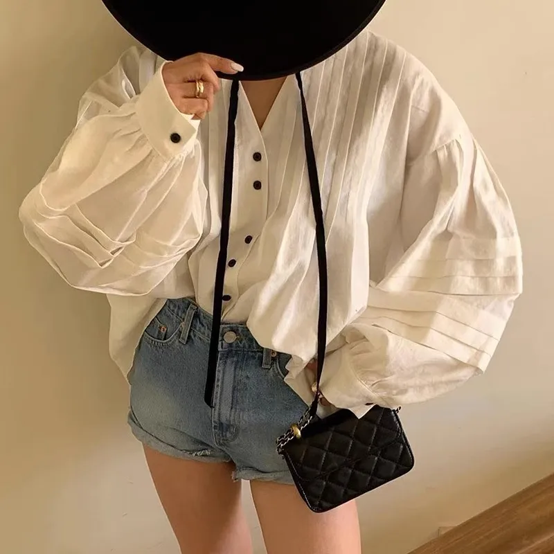 

Women Single Breasted V-neck Pleated Shirt Solid Color Loose Top Puff Sleeve Blouse 2023 Autumn New Tide Female Blusas