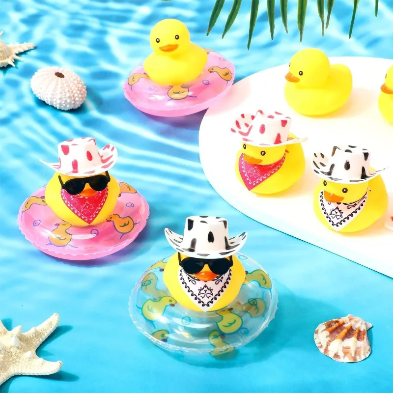 

24 Sets Car Rubber Mini Cowboy Duck Dashboard Decoration Accessories Ornament with Small Sun Hat Swimming Ring Bathtub Shower