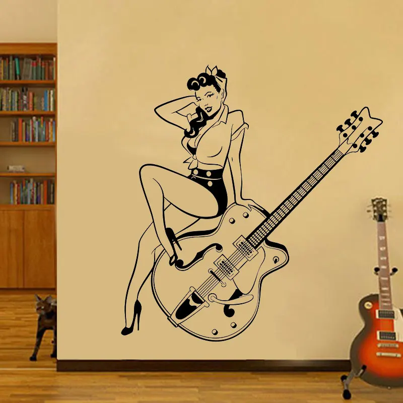 

Vinyl Wall Decal Vintage Guitar Sexy Girl Decal Musical Instrument Shop Decal Home Music Lover Wall Decoration Decal gt23