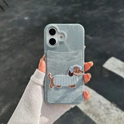 Adorable Cartoon Embroidered Puppy Dog Denim Wallet Phone Case - iPhone 15 (Blue grey)
