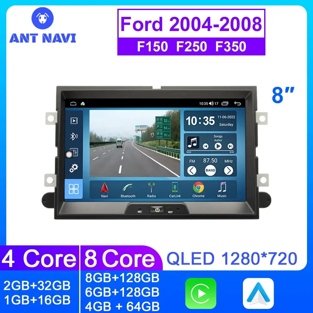 

Автомобильный радиоприемник 8 дюймов Android для Ford Focus F150 F250 F350 2004-2008 Carplay, мультимедийный плеер, автомобильный стерео GPS QLED экран 8 + 128 ГБ