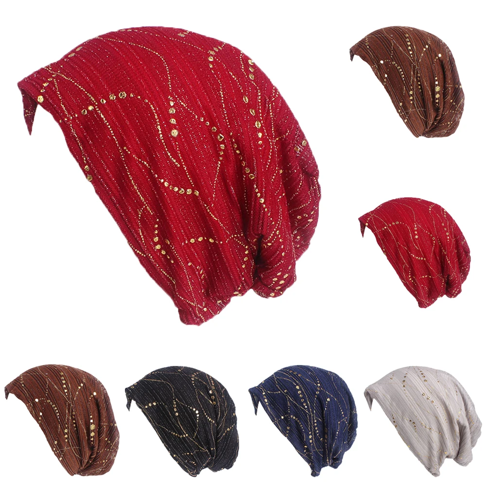 

Bright Sequins Breathable Double Layer Turban Hat Women Fashion Slouchy Hat Chemo Cancer Cap Bonnet Beanies Hair Loss Headscarf