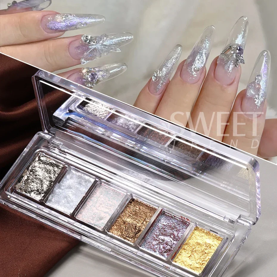 6 Grids Bright Bling Mud Nail Solid Pigment Crystal Opal Rubbing Dust Aurora Chrome Glitter Paste Charm Japanese Manicure Flash