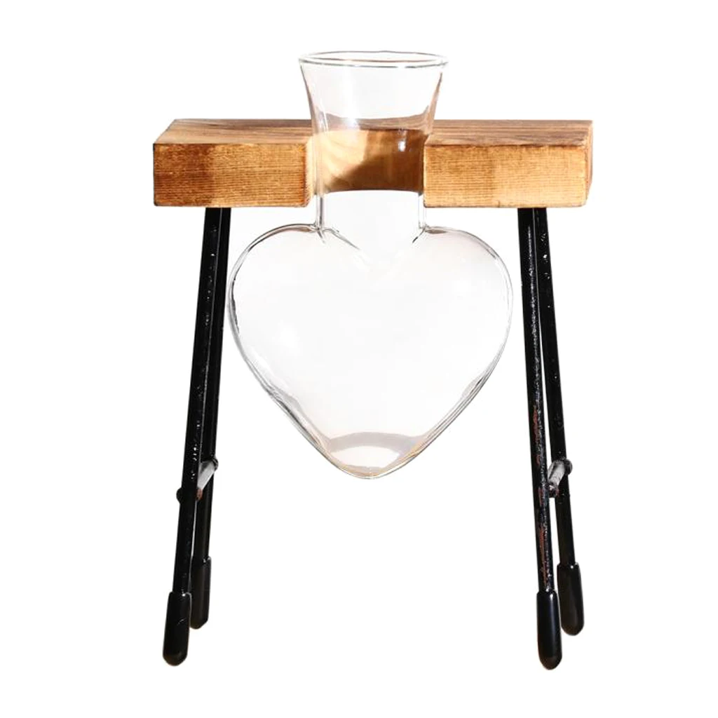 Heart Shaped Table Desk Bulb Glass Hydroponic Vase Pot Wooden Tray