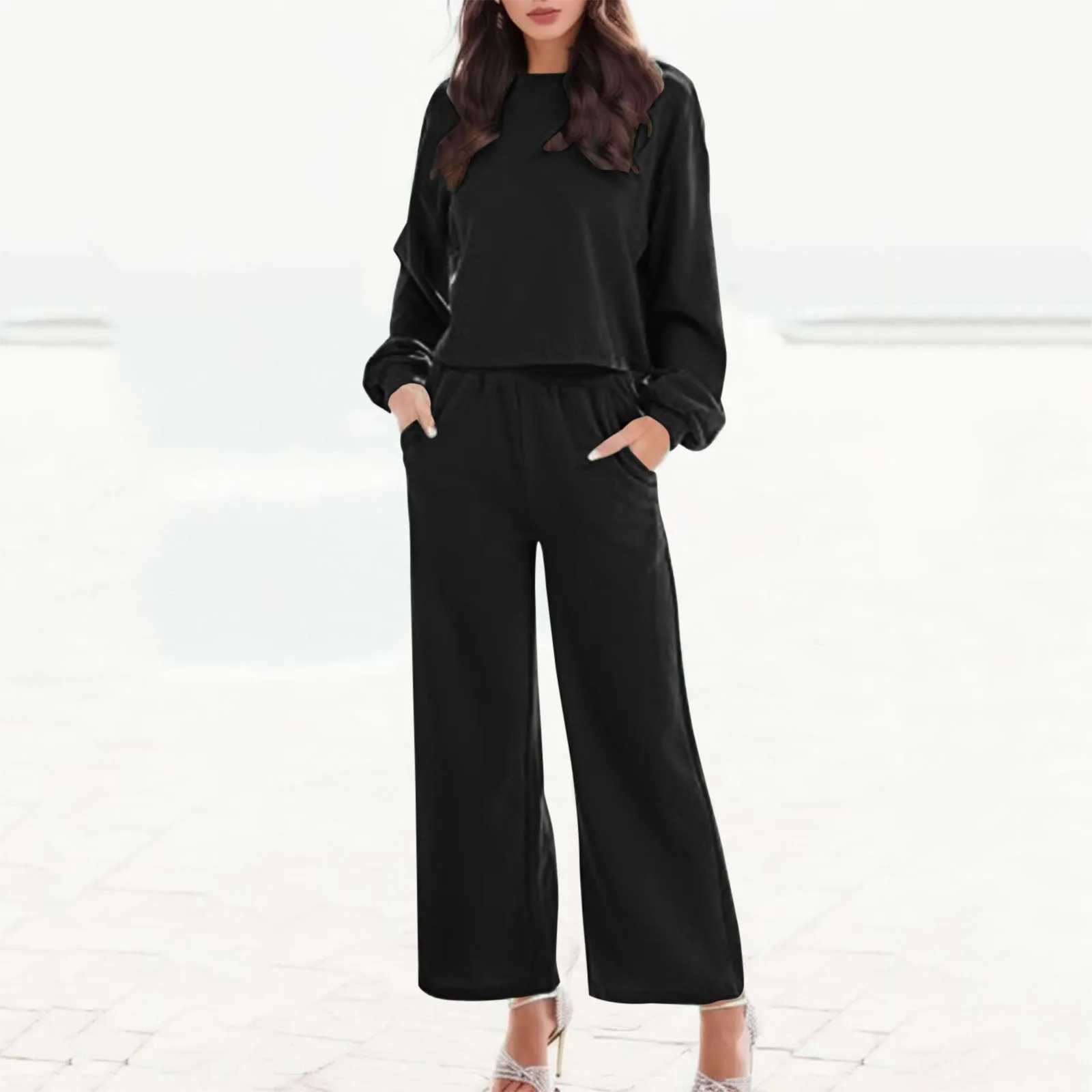 

Women’S Two Piece Outfits Long Sleeve Crop Top Wide Leg Pants Knit Loose Vintage Female Loungewear Sweatsuit Trousers Set