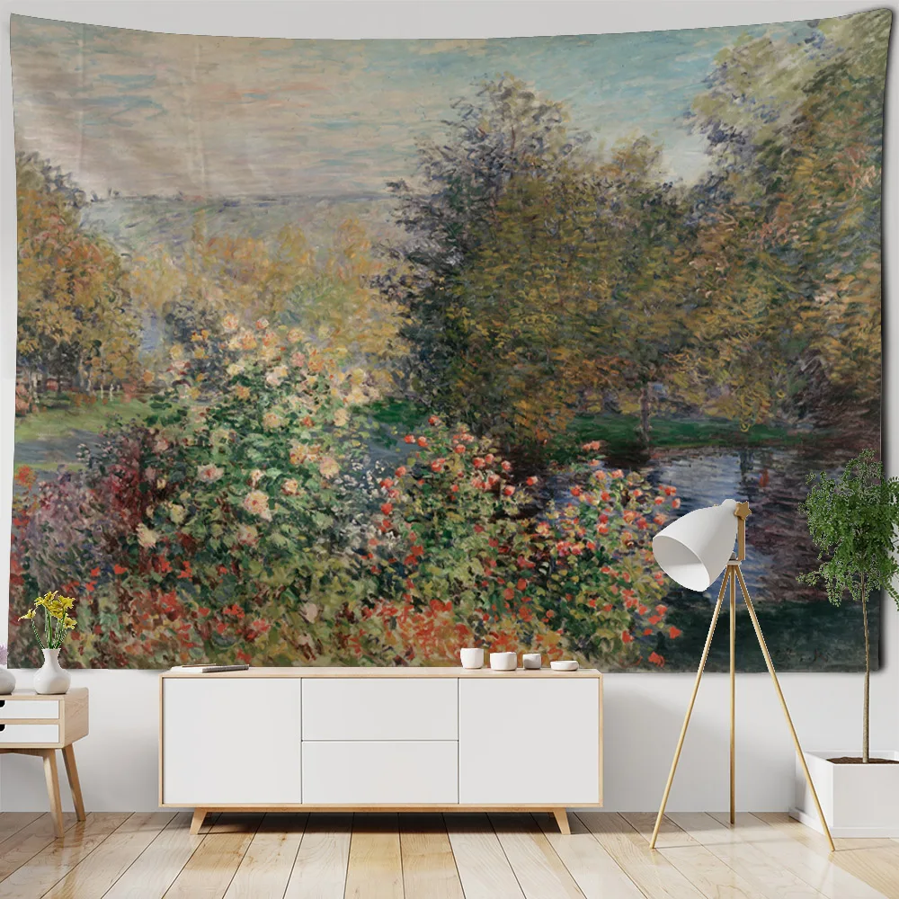 Vintage tapestry art poster lotus wall hanging Van Gogh oil painting aesthetic tapestry living room and bedroom decoration