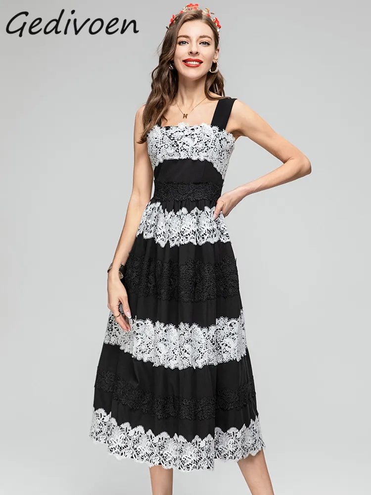 

Gedivoen Summer Fashion Designer Elegant Black Sundress Women Slash Neck Sleeveless Backless High Waist Lace Spliced Long Dress