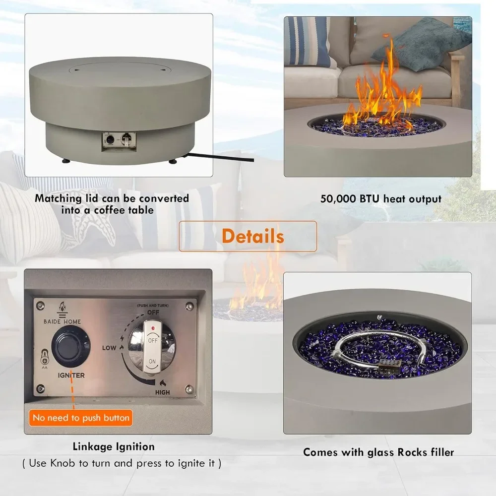 Description Picture 6 of itemPropane Outdoor Fire Pit Table, Flint & Concrete Look 33-inch Round Patio Gas Fire Table 50,000 BTU w/Lid, Fire Glass