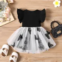 0-3 Years Old Summer New Baby Girl Round Neck Flying Sleeve Bow Design Stitched Mesh Fashion Casual Dress 2