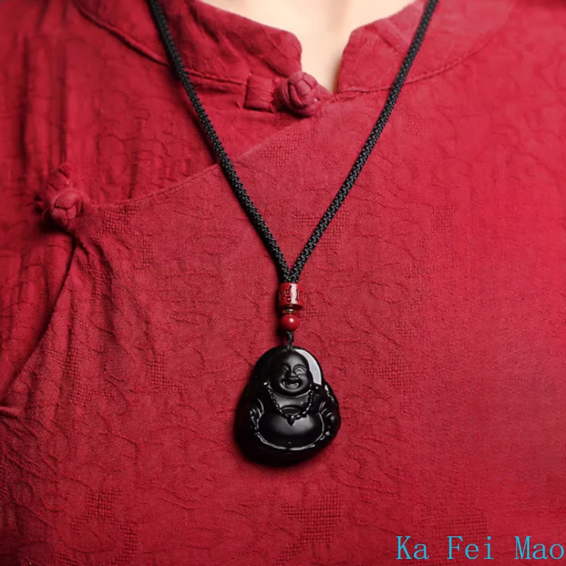 Pendentif bouddha Maitreya en obsidienne naturelle, bouddha riant