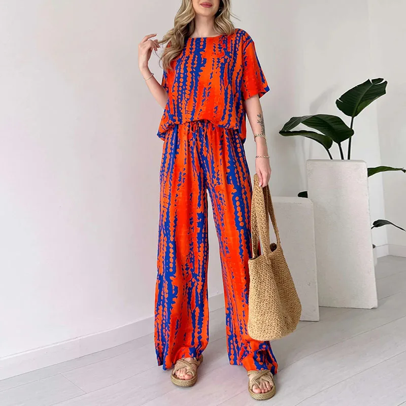 

Fashion Casual Print High Street Suit Female O Neck Short Sleeve Pullover+Long Pants Outfits New Summer Simple Commute Loose Set