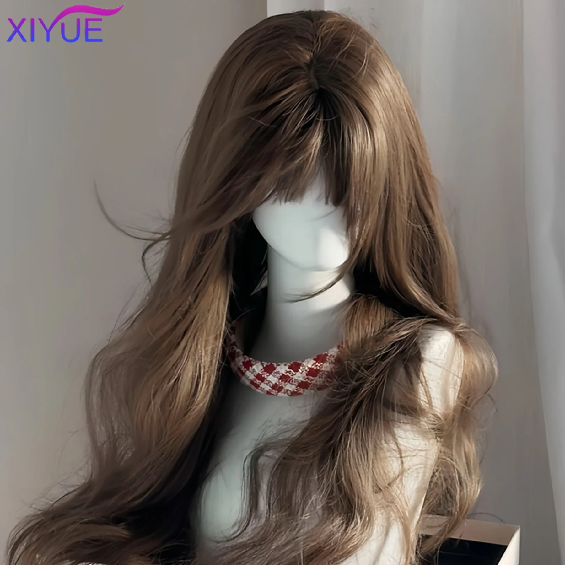 XIYUE cool Brown Brown Black Wavy Wigs for Women with Bangs Long Natural Synthetic Hair Wig Daily Cosplay Heat Resistant