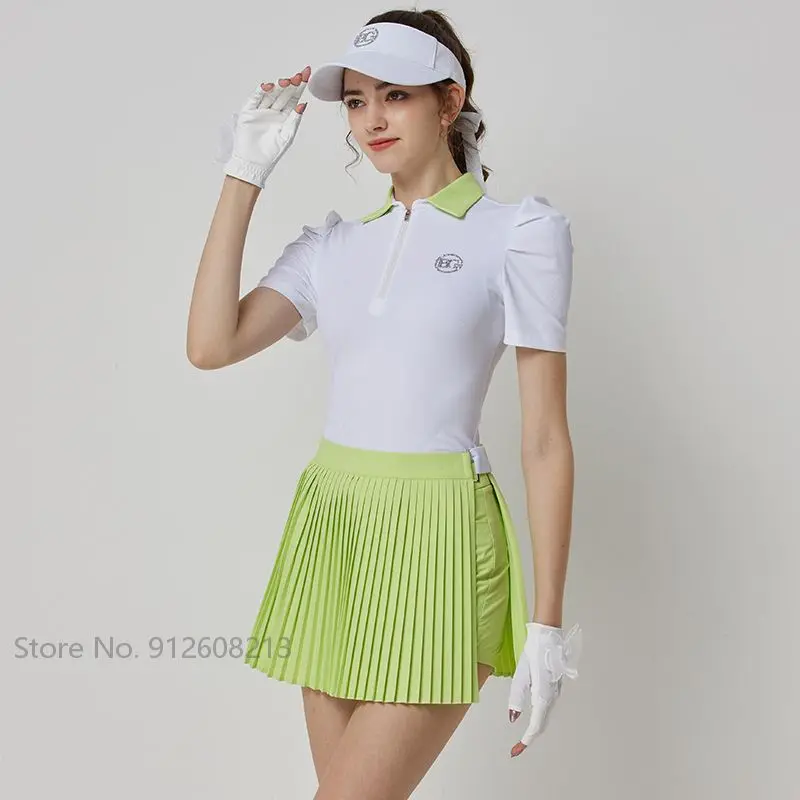 Blktee Puff Sleeves Dry Fit Tops Lady Slim Pleated Golf Skirt Women Leisure Lapel T-shirt A-lined Skirts with Inner Shorts Set