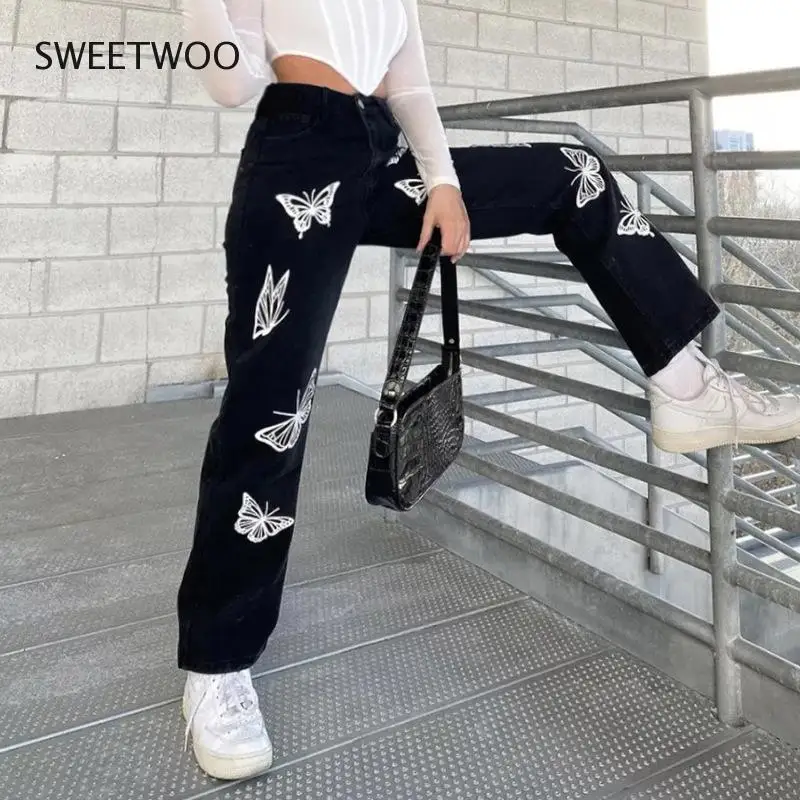 Black Baggy Jeans Women Butterfly Print Aesthetic Denim Pants Fashion High Waist Straight Long Trousers Ladies Streetwear 2022 new high end luxury long sleeve blazer women designer fake two piece jacket office ladies spring autumn coats casual