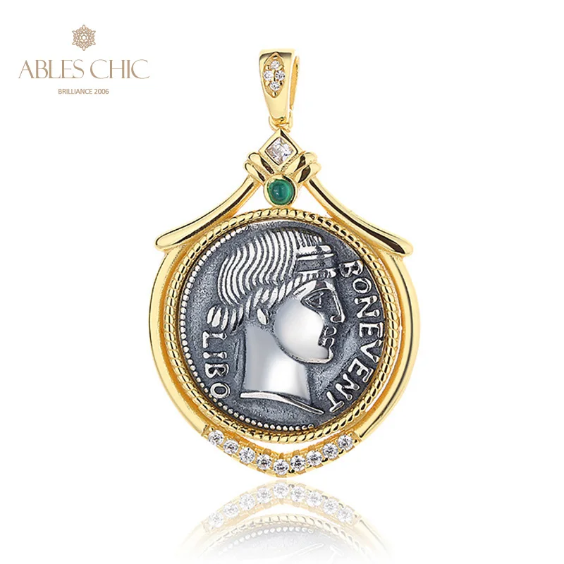 

Greek Deity Silver Coins Charm Natural Agate 18K Gold Two Tone Solid 925 Silver Roman Coin Pendant Only N1061