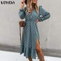 VONDA Vestido de verano largo de lunares para mujer, traje Sexy bohemio con escote en V, dobladillo dividido, con volantes, para fiesta, 2022