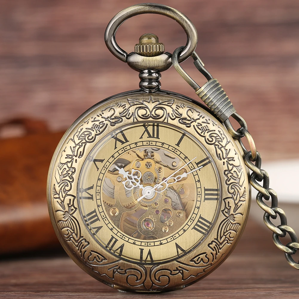 Luxury Bronze Roman Numerals Automatic Mechanical Pocket Watch Men Women Carving Retro Transparent Glass Cover Chain Gift pocket watch