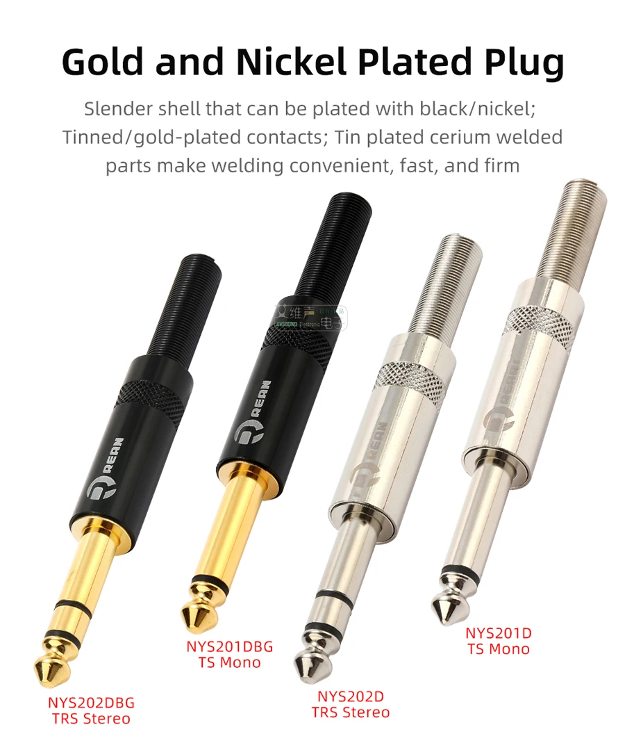 6,35mm TRS Stereo 3-Polig Vergoldeter 1/4'' TS Mono 2-Polig Stecker 6,5 Gerader Stecker für Gitarre Bass Mikrofon – Detail 4