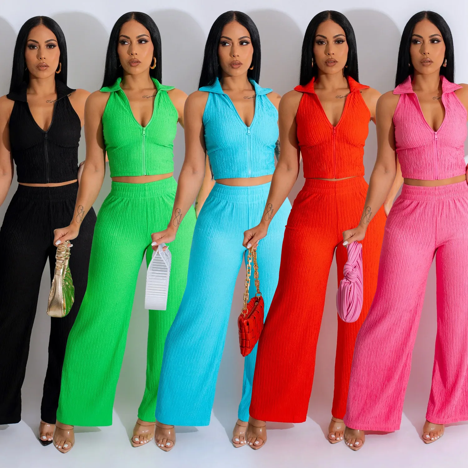 Elegant Women 2 Piece Set Sleeveless Solid Lapel Neck Zipper Fly Crop Top Wide Leg Pants Matching Set Casual Office Lady Outfits