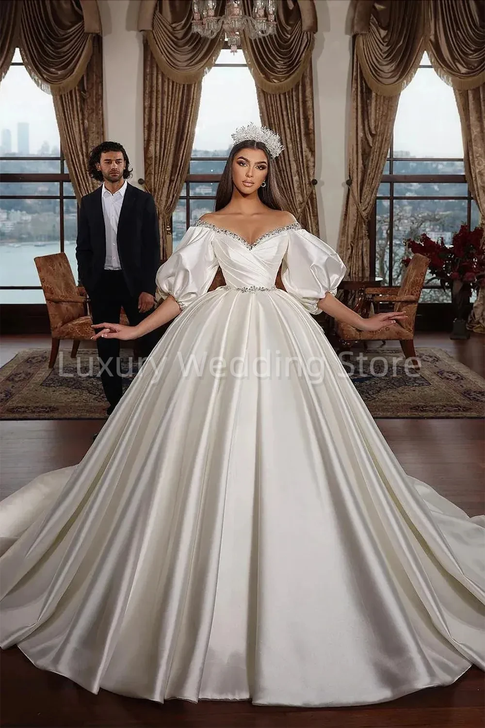 

Luxury Puff Sleeve Wedding Dresses Elegant Off shoulder Beading Satin Bride Gowns Ruched Customed Sweep Train A-line Bridal Gown