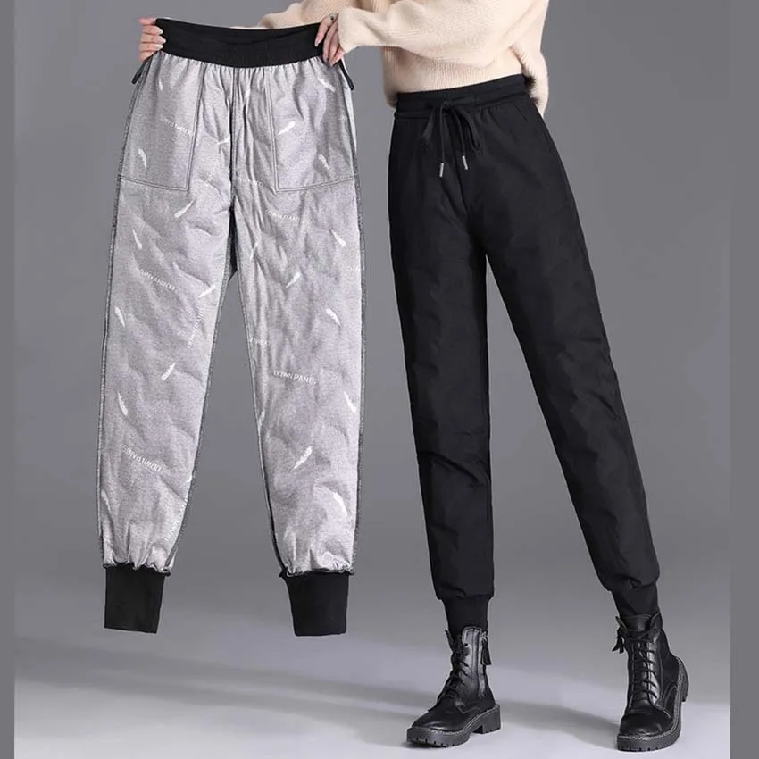 

Новые стильные зимние женские пуховые брюки, модные свободные толстые теплые хлопковые женские прямые ветрозащитные штаны с высокой талией для снега