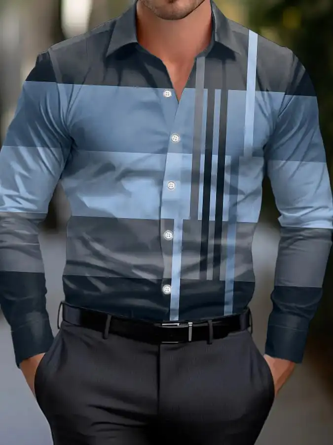 Men's shirt regular lapel shirt men's 3d printed plaid simple striped print casual street long sleeve fashion print shirt 2