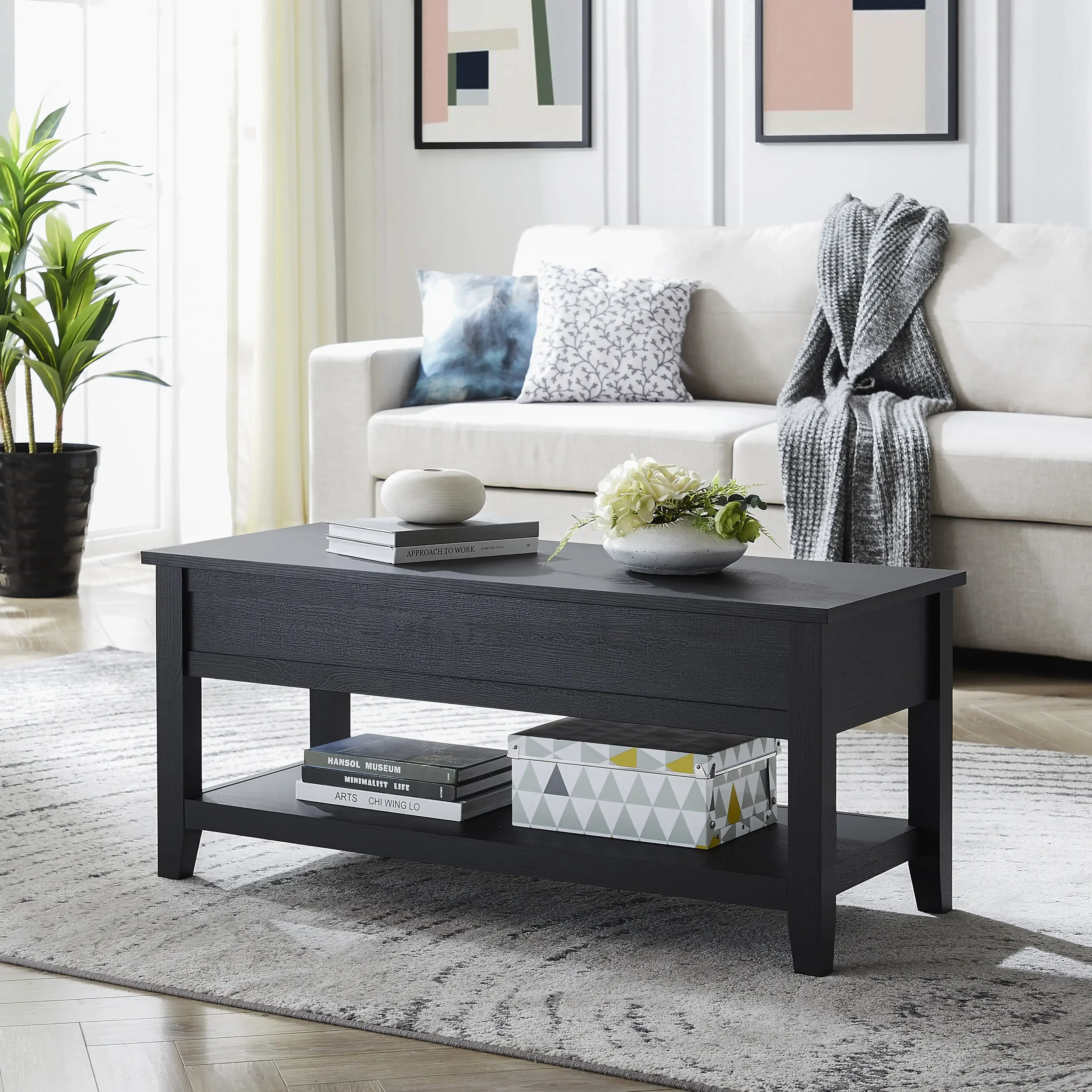 Lift Top Coffee Table with Storage Shelf, Black wood finish 3