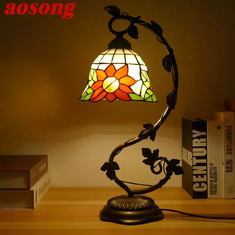 

AOSONG Tiffany Table Lamp American Retro Living Room Bedroom Lamp Luxurious Villa Hotel Stained Glass Desk Lamp