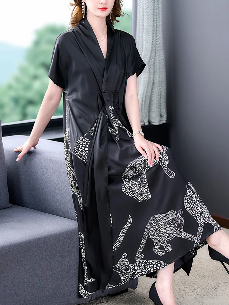 Summer Black Print Natural Silk V-Neck Midi Dress Women Short Sleeve  Elegant Bodycon Dress 2024 Korean Vintage Hepburn Vestidos - AliExpress  200000345