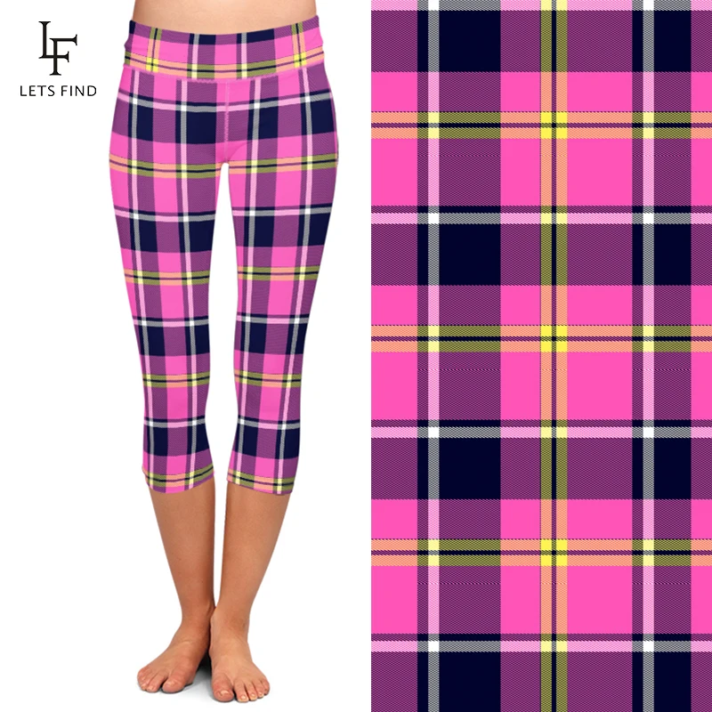 LETSFIND Push Up Women Gothic Capri Leggings Plaid Print High Waist Elastic Soft  Mid-Calf Leggings Hot Sale