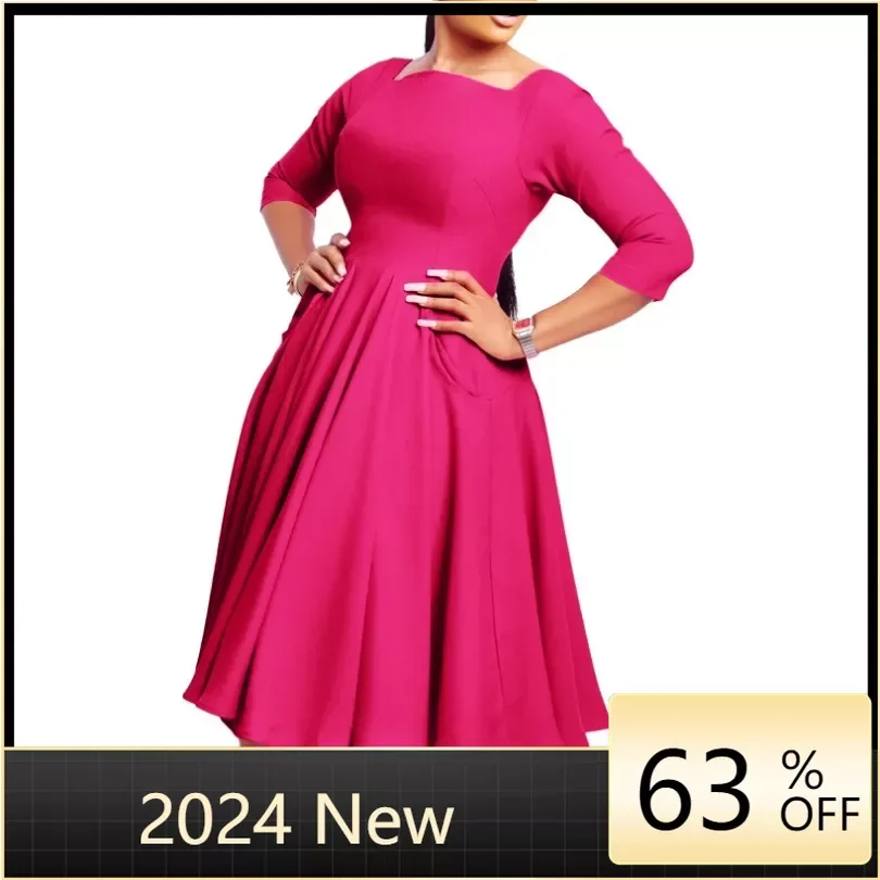 fashion african dresses women spring african women polyester printing plus size dress african clothes christmas robes 2xl 6xl African Dresses for Women Spring 2024 Elegant Africa 3/4 Sleeve Polyester Black Blue Rose Red Midi Dress Dashiki Africa Clothing