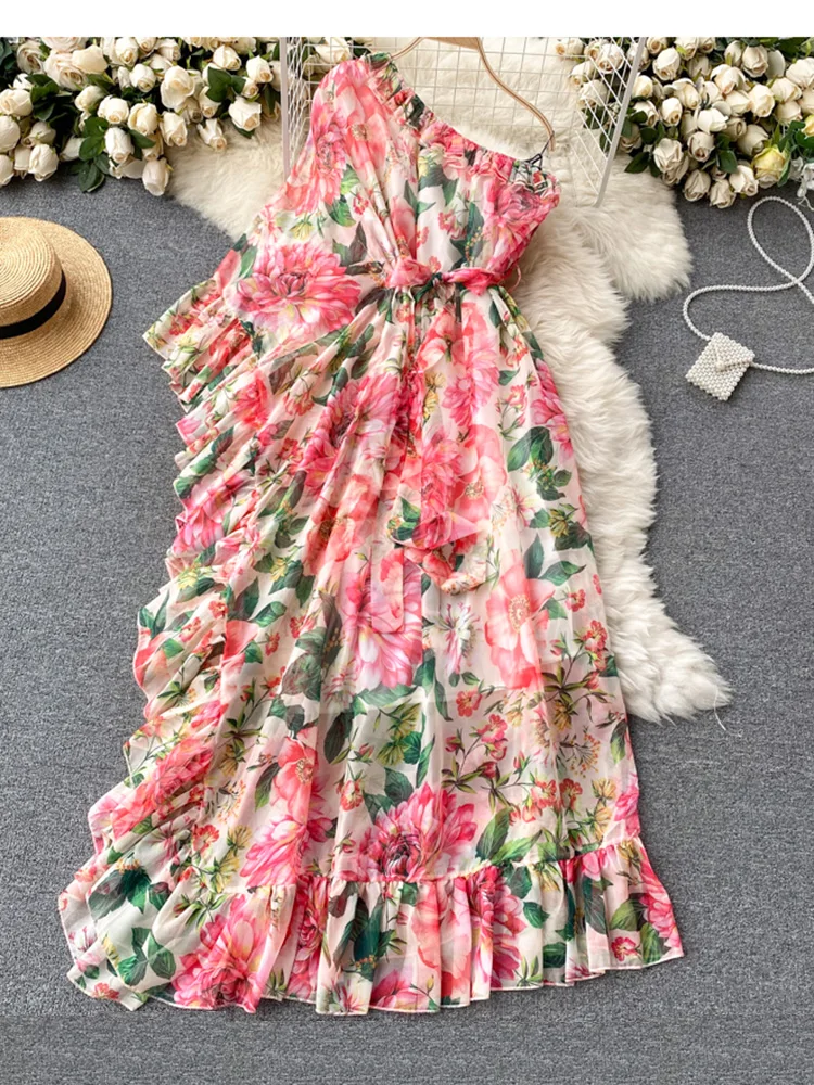 

Summer European American Floral Maxi Vestidos Women's Diagonal Collar One-shoulder Ruffled Temperament Dress C639