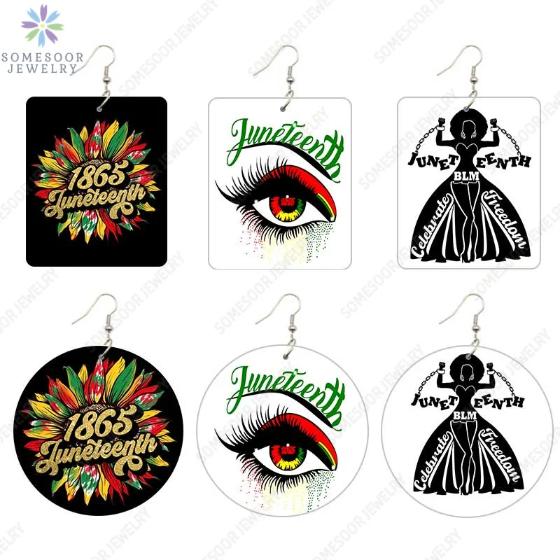 

SOMESOOR Blacks Freedom Day Print African Wooden Drop Earrings Juneteenth Design Vintage Women Rectangle Round Dangle Jewelry