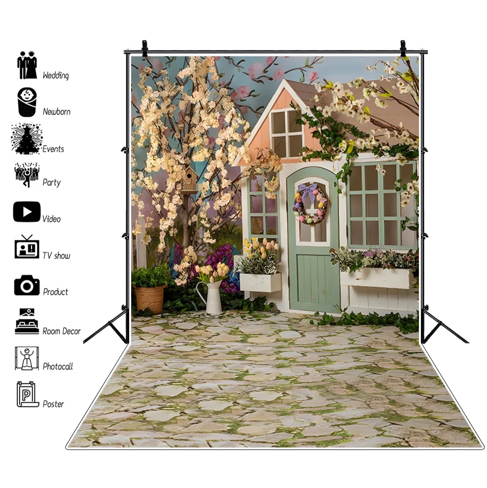 Photo Backdrop Laeacco Spring Easter Photography Background Green Grass Flowers Easter Eggs Child Portrait Wood Board Wall Photo Backdrop Prop