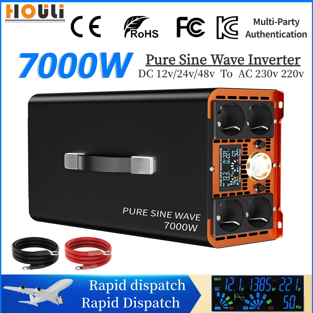 7000W 7KW 6KW Inverter Pure Sine Wave 12V/24V/48V/60V/72V DC to AC 220V 240V Solar Converter Car Solar Inverter RV Vehicle Inver