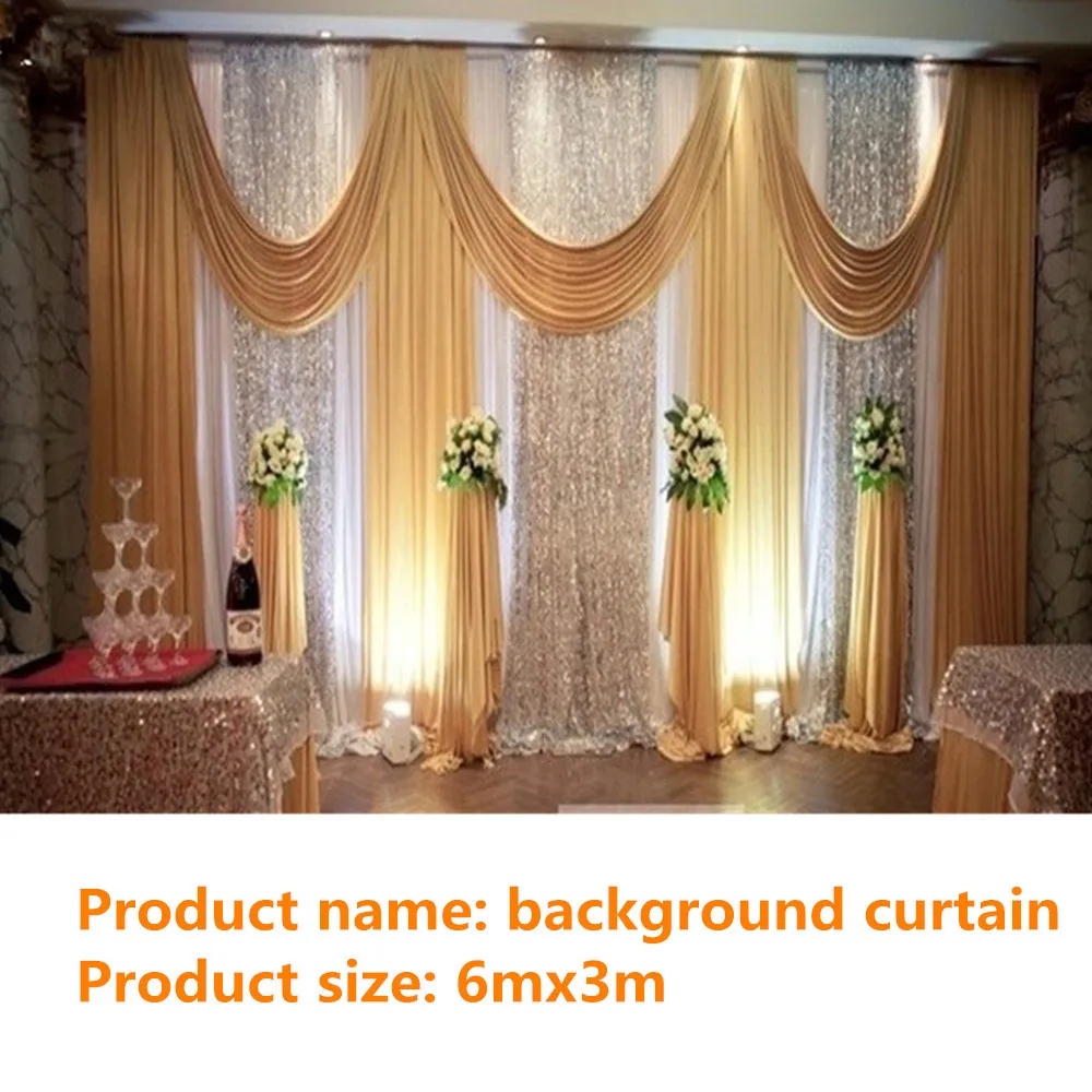 

Gold Ice Silk Wedding Backdrops with Swag Stage Background Drape and Curtain 20ft (w) X 10ft (h) for Wedding Decoration