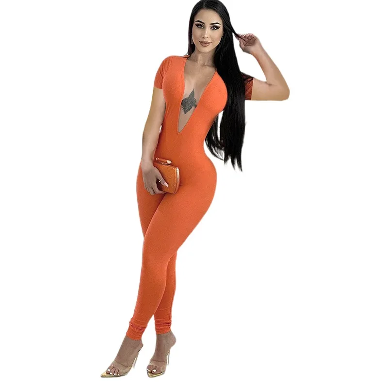 European And American Women's Clothing 2023 New Street Sexy Tight Deep V Backless Short Sleeved Jumpsuit