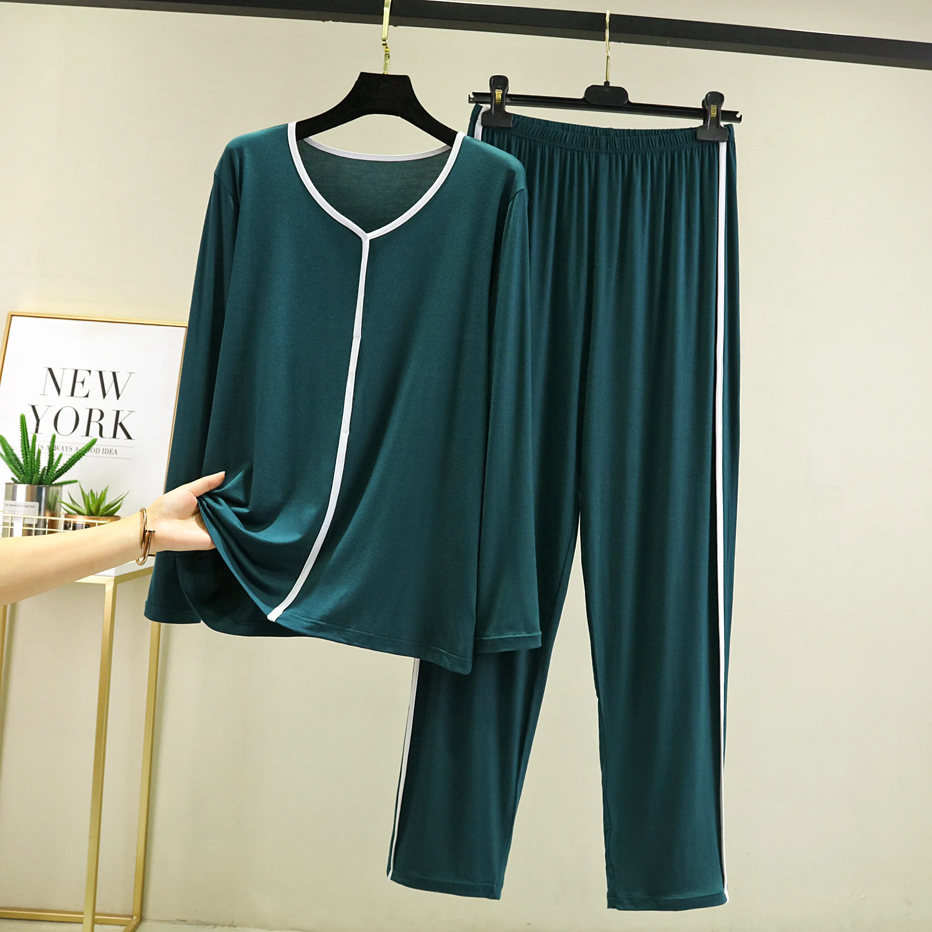 Fdfklak Ensemble Femme 2 Pièces Neuer 2023 Frühlings-Herbst-Nachtanzug für Damen, Loungewear, Modal-Pyjama, Langarm-Hose, Schlafset – Detail 11