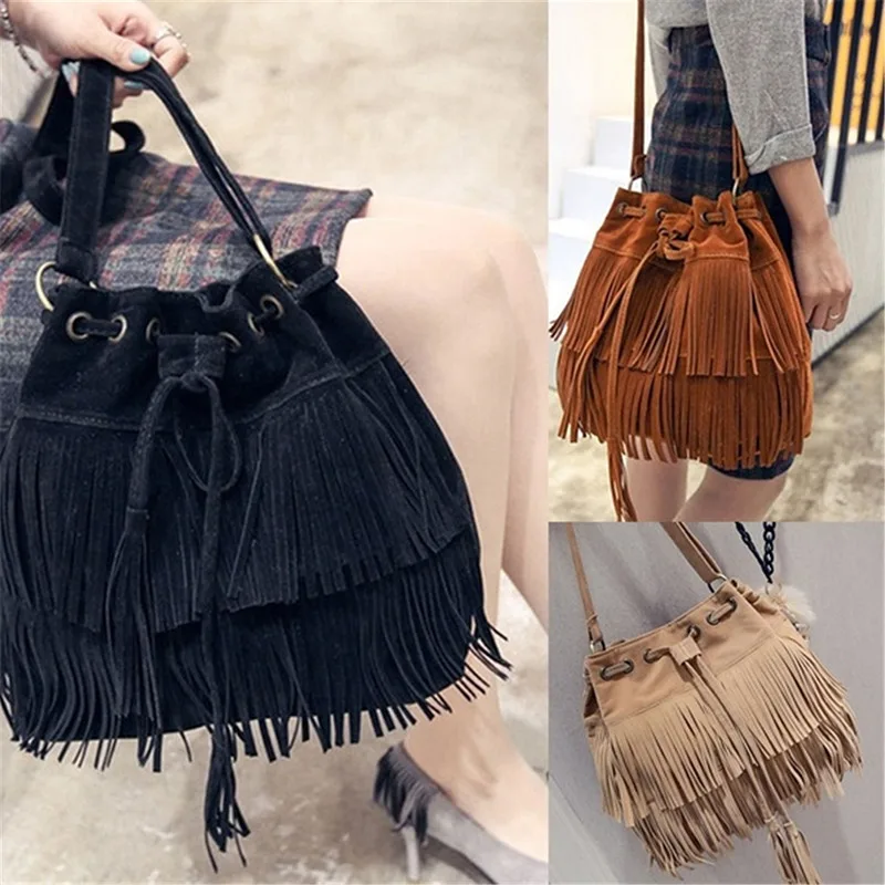

Сумка на плечо женская с кисточками, трендовый саквояж кросс-боди в стиле ретро из искусственной замши, мессенджер с бахромой, Сумочка на плечо