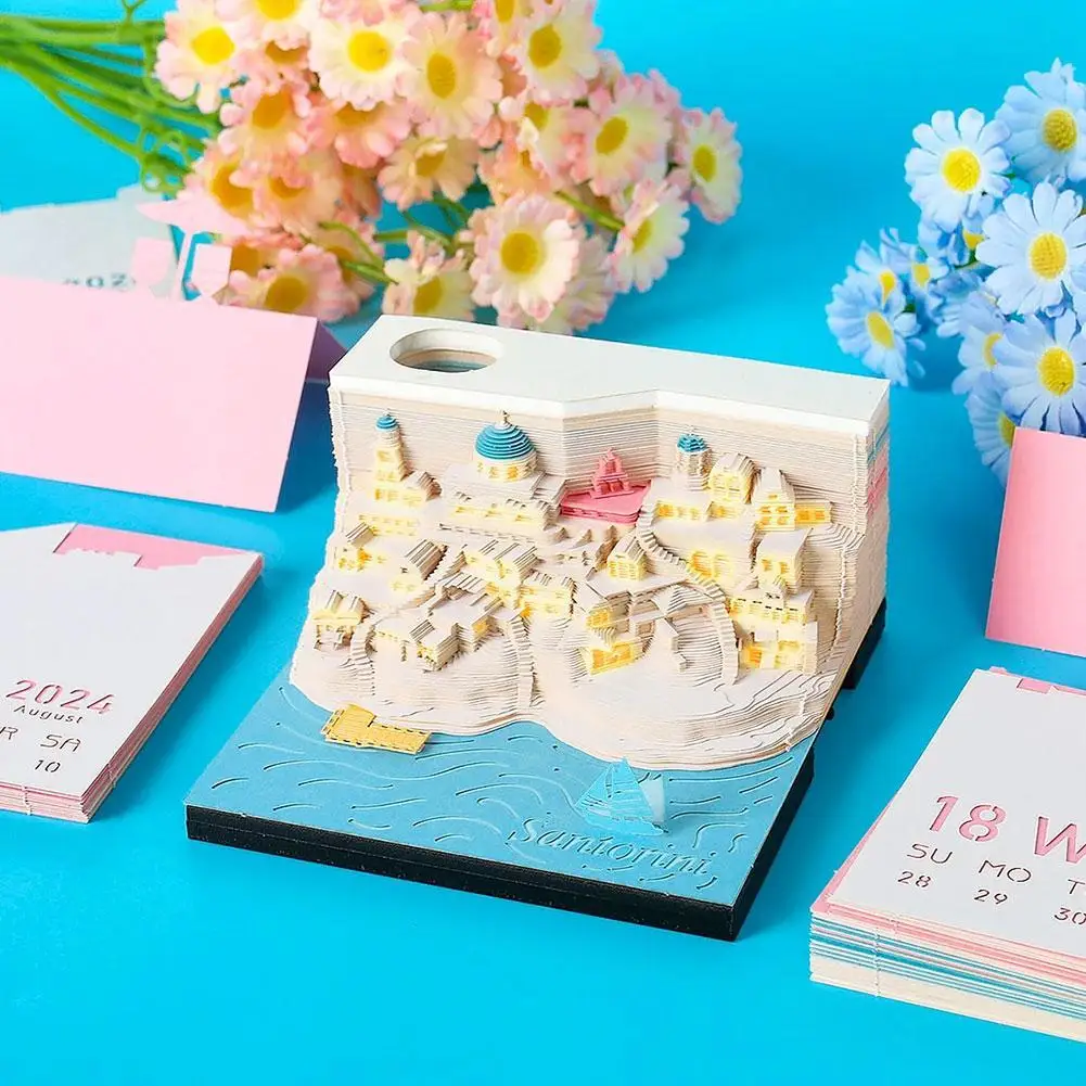 

Omoshiroi Block 3D Memo Pads Calendar 2024 Santorini Mini Notepad With Led Light Note Paper Art Desk Calendar Birthday Gift