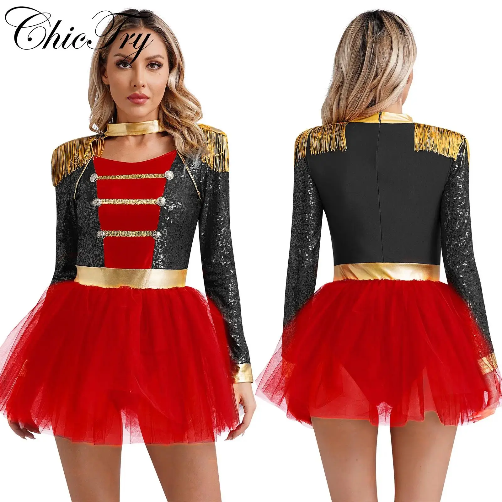 

Womens Circus Ringmaster Cosplay Costume Halloween Tutu Dress Sequins Tulle Leotard Dress Carnival Showman Roleplay Dress Up