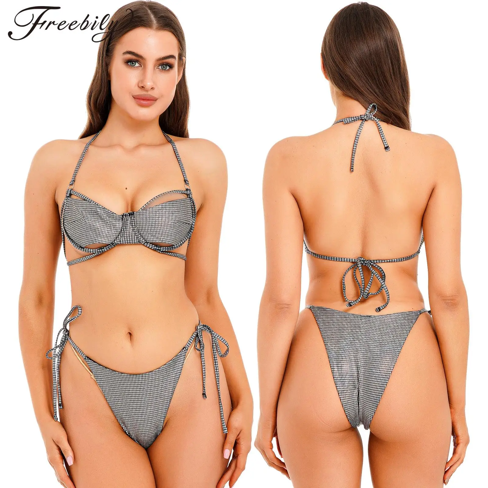 

Women 3 Styles Cloth Bikini Sets Metallic Shiny Bathing Suits Two-piece Swimwears Club Underwear for Vacation Beach Pool Party