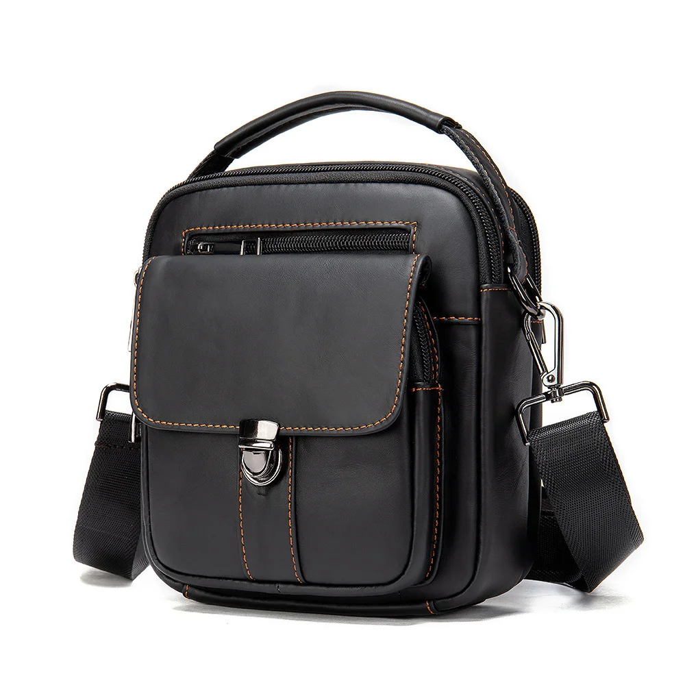 

man handbag Leather Zipper Men's Shoulder Bag Natural Cowhide Casual Fashion Satchel Man Retro Small Bag 7.9 Inch Ipad