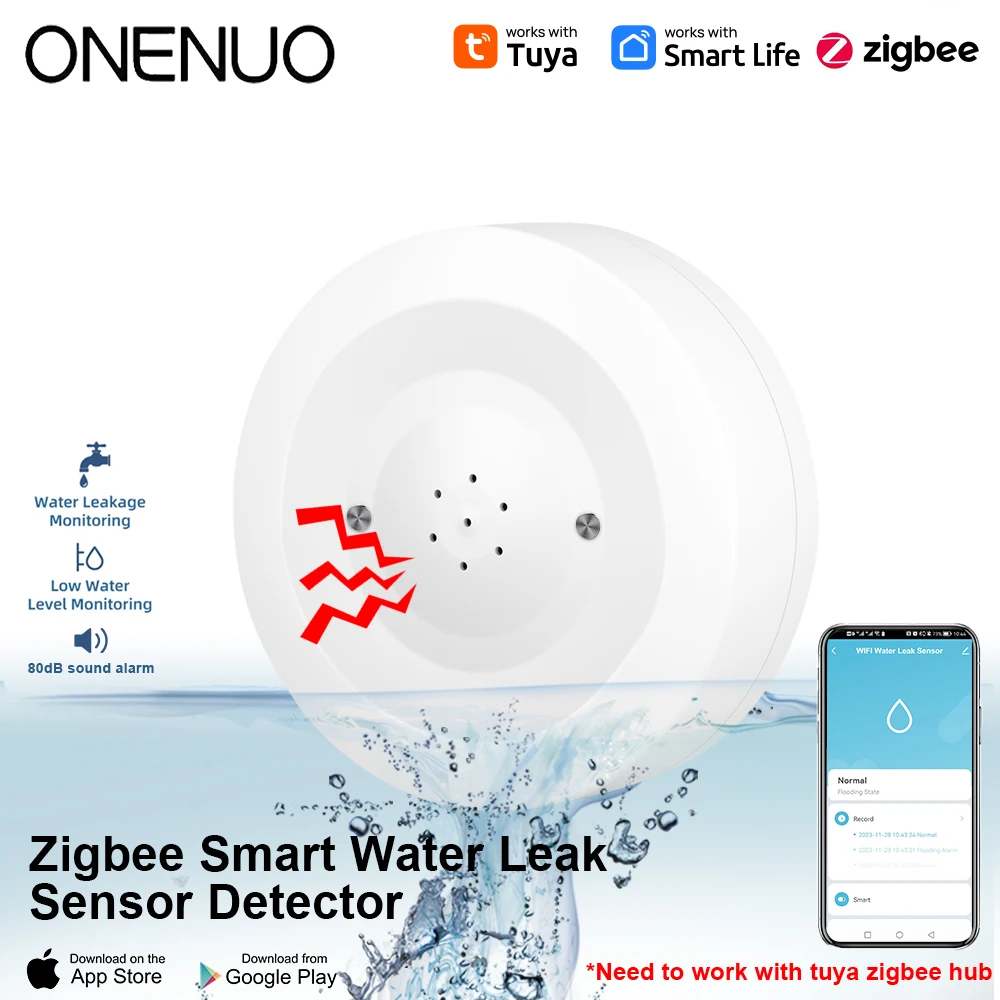ONENUO Tuya Zigbee capteur de fuite d'eau détecteur de fuite d'inondation avec alarme sonore 80dB et capteur étanche IP55 moniteur à distance