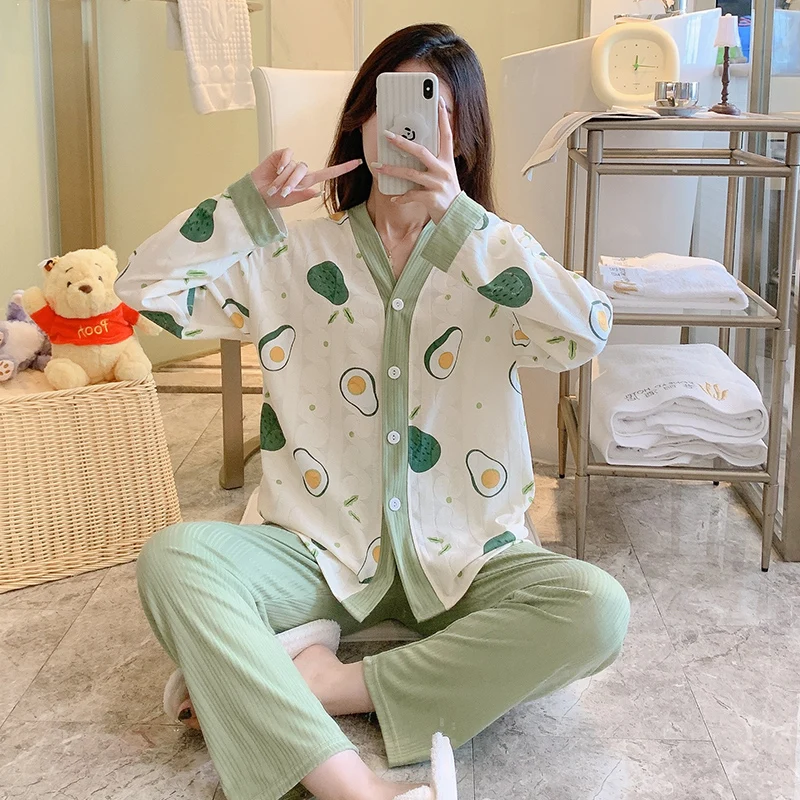 Autumn milk silk pajamas women's jacquard V-neck cardigan button double-length 2-piece pajamas women's simple casual home wear