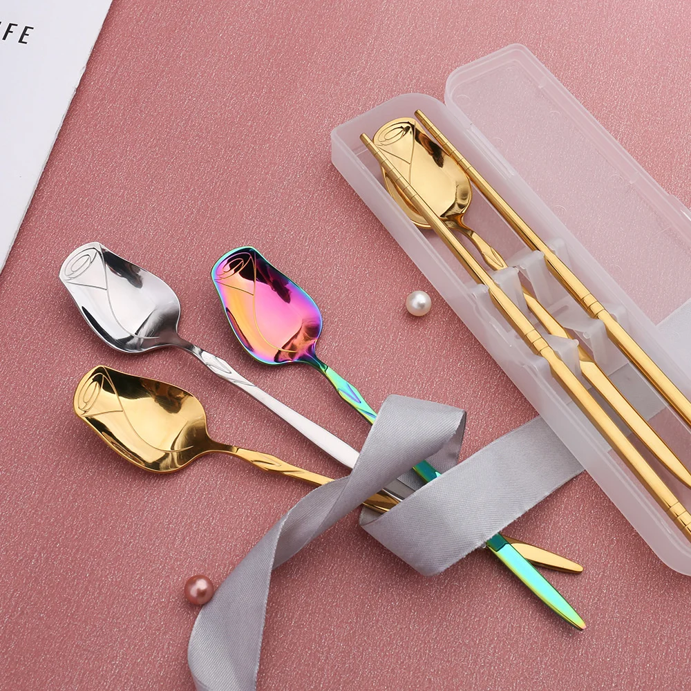 Stainless Steel Spoon Long Handle Stainless Steel Coffee Spoons Rose Stirring Spoon Teas Coffee Flower Shaped Spoons For Picnic Stirring Kitchen Tool