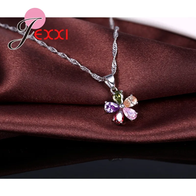 5 Color Petal 925 Sterling Silver Pendant Necklace Earrings Ear Sets Wedding Bridal Cubic Zirconia Crystal Jewelry Sets