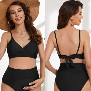 Sexy Black Women's Maternity Swimwear Bikinis Set Premama High Waist Backless Bathing Suit 2 Piece Pregnant Beach Wear Swimsuit