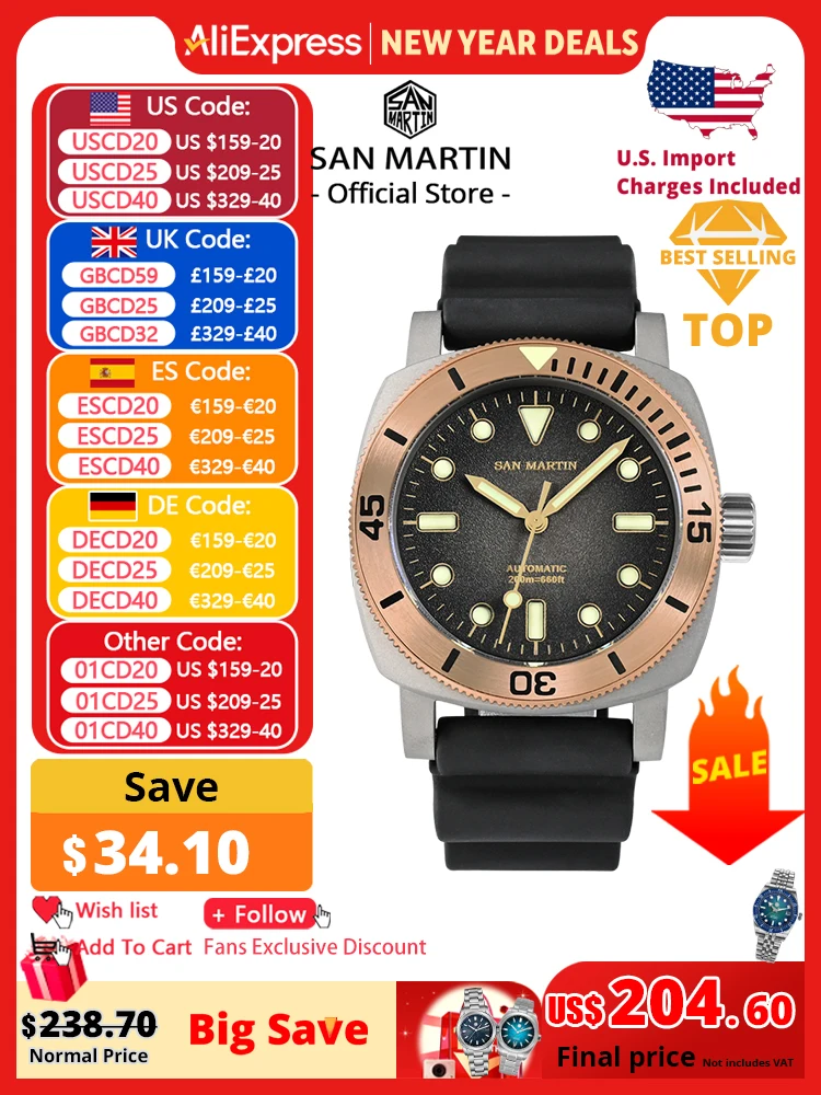 サンマーティン-男性用レトロチタンダイバー時計,機械式自動巻き時計