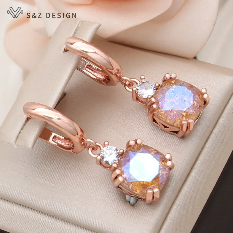 S&Z DESIGN New Fashion Maillard Autumn Winter Orange Square Crystal Jewelry Sets For Women 585 Rose Gold Color Drop Earrings
